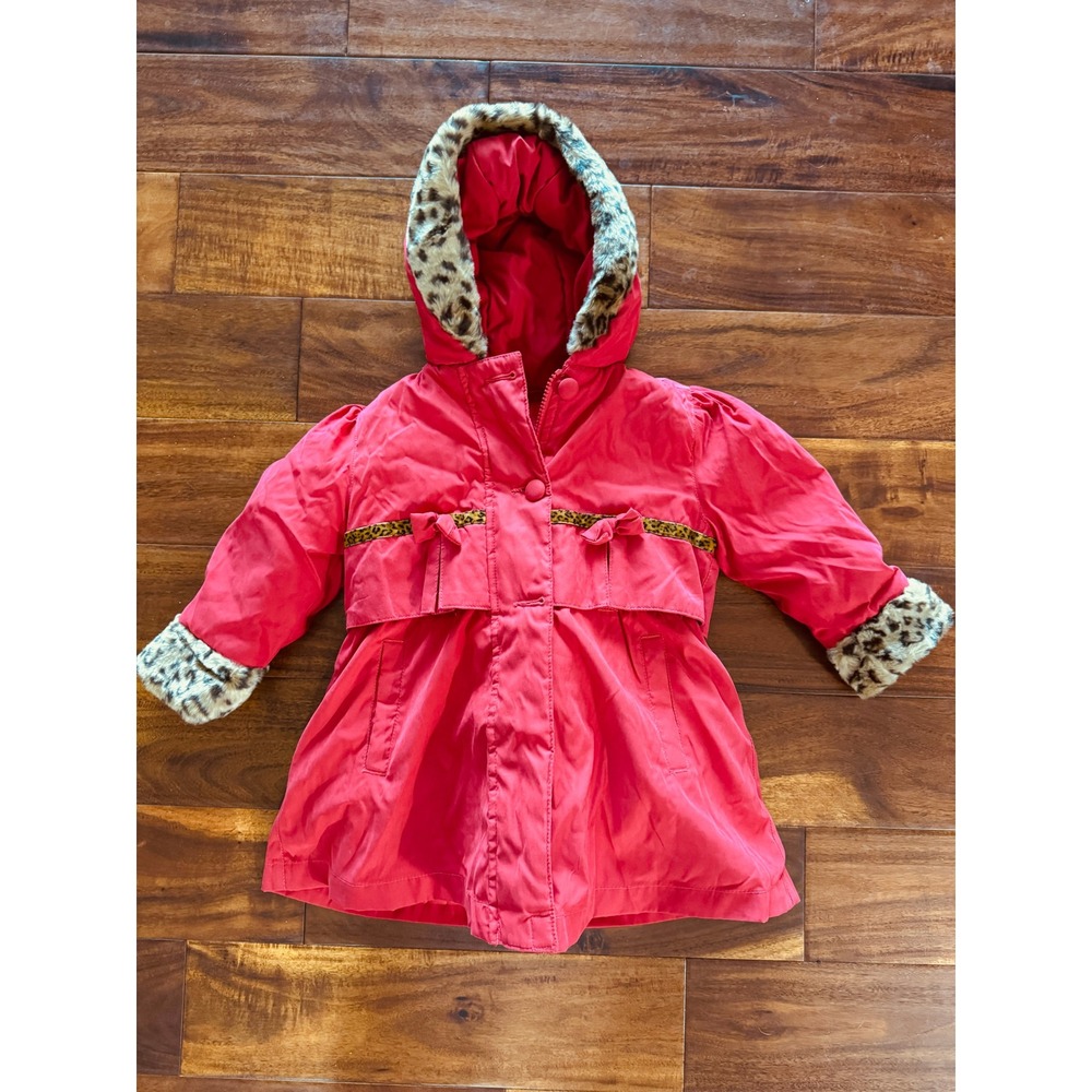 Rothschild Puffer Coat Toddler 2T Red Excellent Leopard Faux Fur Hooded Gloves